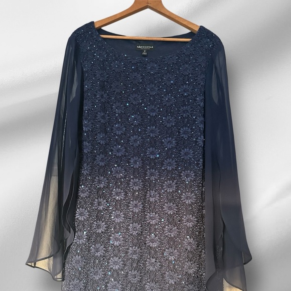 Connected Apparel, Classy and Elegant Navy Sequin Lace Dress with Sheer Sleeves - Picture 1 of 7